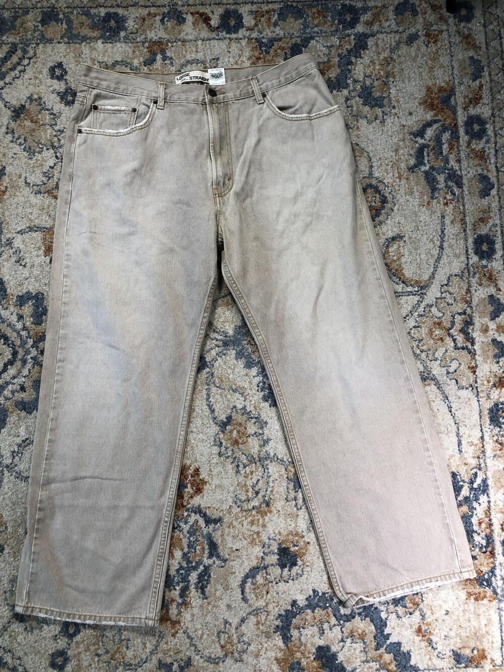 Levis 569 Jeans Mens 36x30 Beige Light Wash Loose Straight Denim Frayed Hem